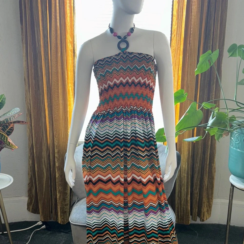 Magic Strapless Chevron Maxi Dress in Orange, Teal, Black, White - Picture 5 of 14